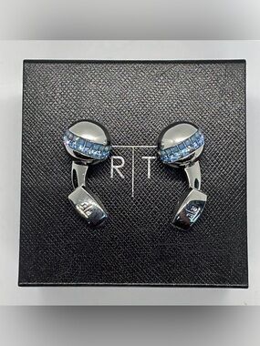 R|T by Robert Tateossian London Swarovski Blue Crystal Cufflinks Rhodium w Box